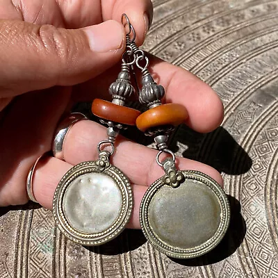 Pair Unusual Antique Silver Butterscotch Baltic Amber Tribal Drop Earrings India • $185