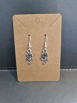 Rose Pendant Dangle Drop Earrings Silver Colour Hypoallergenic • £3.30