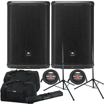 JBL PRX915 2000W 15  2-Way Powered PA Speakers W/ Totes Stands Bag & Cables • $2339.99