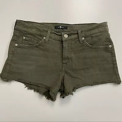 7 For All Mankind Shorts Cut Off Raw Hem Denim Jean Pockets Olive Army Green • $29.99