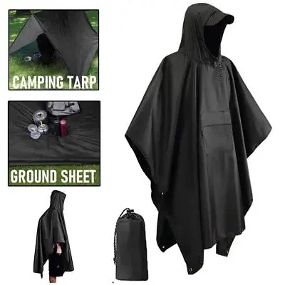 Men Black Raincoat Waterproof Outdoor Hooded Rain Poncho Jacket Hiking Long Coat • $21.90