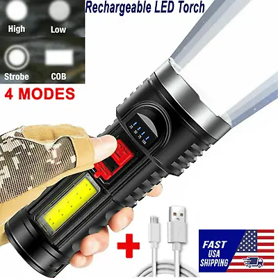 Super Bright LED FLASHLIGHT Torch Tactical USB Rechargeable & Battery 4 Modes US • $8.49