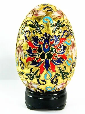3.4  High Vintage Golden Floral Cloisonne Enamel Decorative Egg With Wooden Base • $11.99