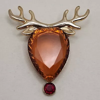 Vtg Crown Trifari Rudolph Brooch Gold Tone Brown Red Lucite Reindeer Christmas • $39.95