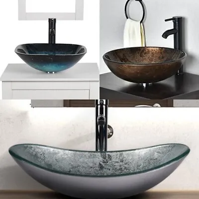 Bathroom Sink Basin Wash Bowl Tempered Glass Countertop Cloakroom Tap Waste Unit • £67.99