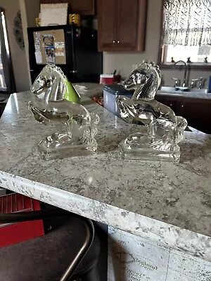 Vintage Glass Art Deco Horsehead Clear Glass Bookends Excellent Condition • $15