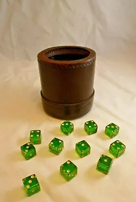 VINTAGE LEATHER RIBBED DICE CUP W/ 2 Sets Dice VG GREEN  Tough Cup • $93.75