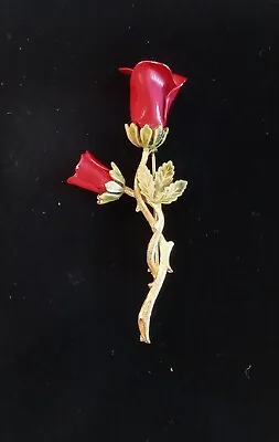 Vtg Red & Green Enamel Gold Tone Rose Flower Floral Long Stem Brooch Pin Estate  • $35