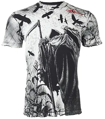 AFFLICTION Men's Short Sleeve T-Shirt CORN REAPER White Tattoo Biker S-4XL • $32.95