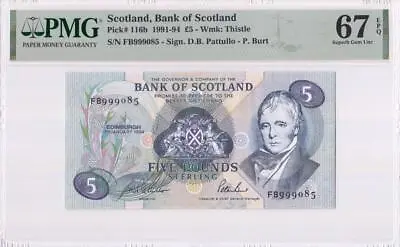 7.1.1994 Bank Of Scotland 5 Pounds  Fb  (( Pmg 67 Epq )) • $125