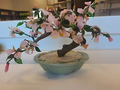 Vintage Chinese Stone Glass Bonsai Tree Celadon Pot 12  X 7  EUC JADE? • $40