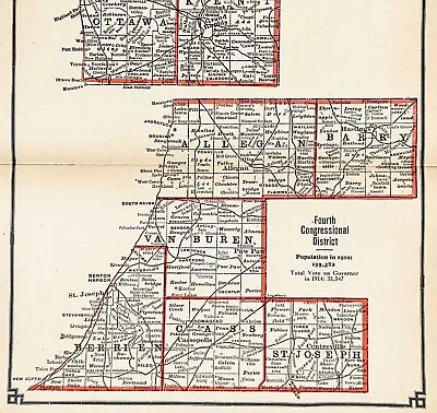 OLD 1915 MICHIGAN Map ORIGINAL COUNTIES Allegan Ottawa Kent St Joseph Van Buren • $22
