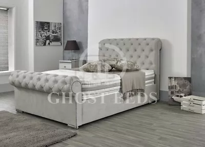 New Plush Chesterfield Sleigh Bed + Floorstanding H/b + Optional Mattress • £349.99