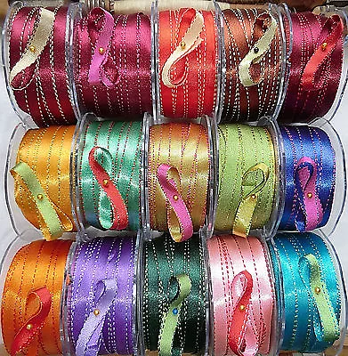 MAY ARTS 10mm DOUBLE SIDED REVERSABLE SATIN RIBBONS SADDLE STITCH WOVEN ON EDGE • £1.40