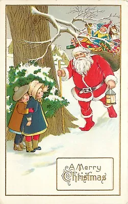 $11.99 • Buy Stecher Embossed Christmas Postcard 55A Children & Santa In Snowy Woods C1914