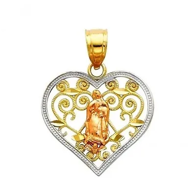 14k Tri-color Gold Our Lady Guadalupe Heart Charm Pendant  Virgen De Guadalupe  • $85.99