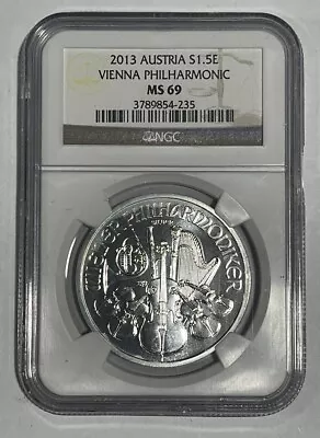 2013 Austria Vienna Philharmonic 1 Ounce .999 Silver 1.5 Euro Coin Ngc Ms69 • $0.99