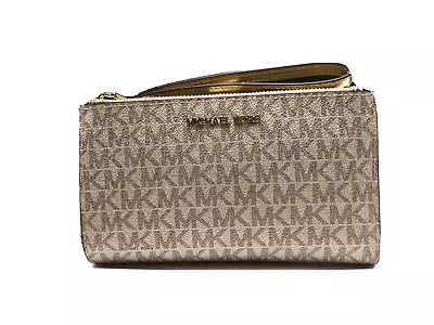 Michael Kors Jet Set Travel Large Double Zip Wristlet Pale Gold Sig Clutch New • $99