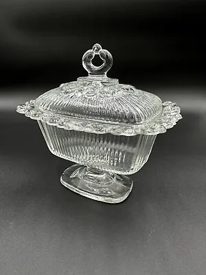 Vintage Indiana Glass - Clear Glass - Laced Edge Lidded Dish W/ Footed Pedestal • $12.50