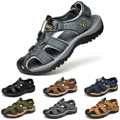 Mens Leather Sandals Summer Casual Beach Shoes Closed Toe Walking Hiking Shoes • £20.99