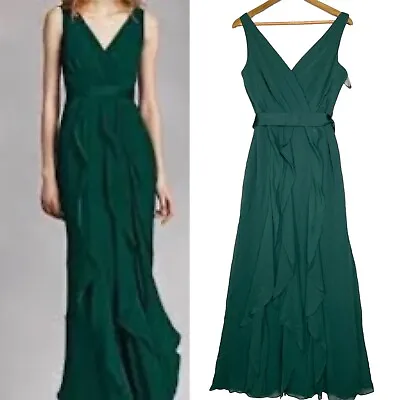 WHITE By Vera Wang Bridesmaid Dress Womens 12 Green Long Vneck Tiered Ruffle • $53.86
