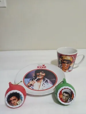 The King Elvis Presley Coffee Cup And Plate With Two Christmas Ornament Balls • $20