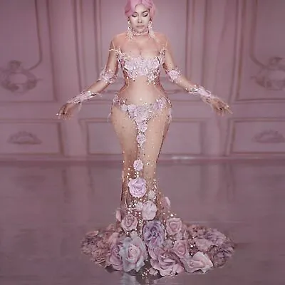 £165.75 • Buy Fashion Women 3D Pink Flower Pattern Mesh Maxi Dresses Rhinestone Dress Costume