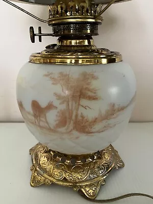 Antique Globe Parlor Converted Oil Lamp Buck Deer Quilted Glass And Enamel Shade • $40