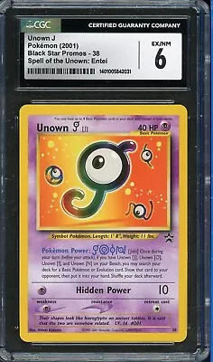 CGC 6 EX/NM Vintage Pokémon Card Unown J Black Star Promo #38 - WOTC 2001 TCG • $50