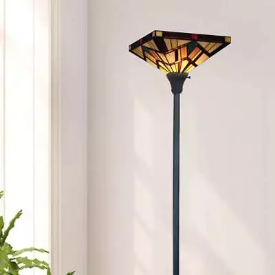 Tiffany Style Stained Glass Torchiere Mission Design Floor Lamp Amber Tones • $199.77