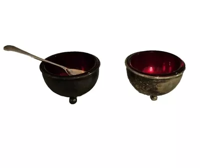  Pair Of Silver-plated Salt Bowls With Original Spoon And Cranberry Glass Liners • £15