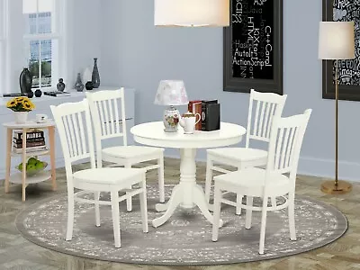 5pc Antique Dinette Set Round Pedestal Kitchen Table + 4 Wood Chairs Linen White • $550