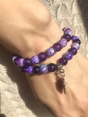 Purple Psychedelic Pattern Bracelet With Owl/ Fatima Hand • £6