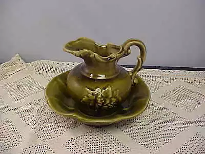 McCoy Pitcher & Bowl Stoneware Pottery Olive Green Glaze Grapevine Vintage Used • $5.93