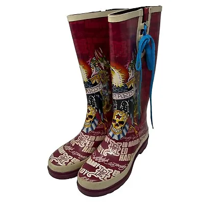 Ed Hardy All Over Print Skull Women's Red Tall Rubber Rain Boots US 6 • $49.97