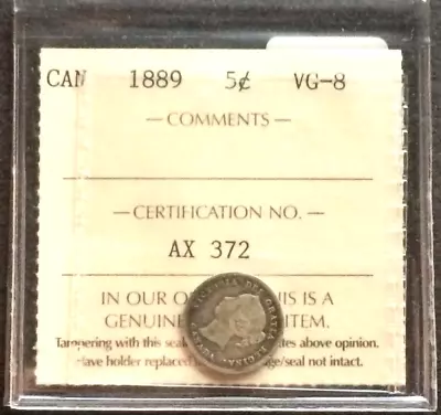 1889 Canada 5 Cents Ster. Silver Coin Graded Iccs Vg-8 Queen Victoria • $44.15