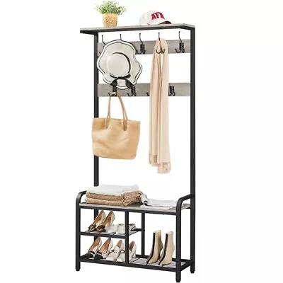£56.99 • Buy Coat Rack Stand With Shoe Storage Bench Hall Tree With Top Shelf & 23 Hooks Grey