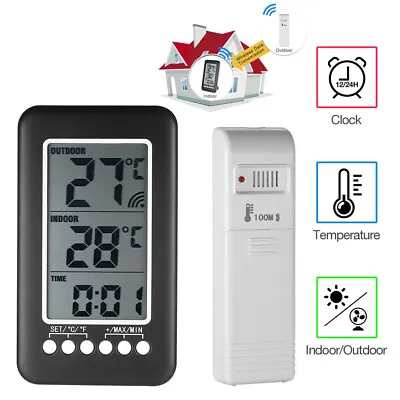 $13.40 • Buy LCD Digital Outdoor Indoor Thermometer Clock Wireless Meter Monitor Transmitter