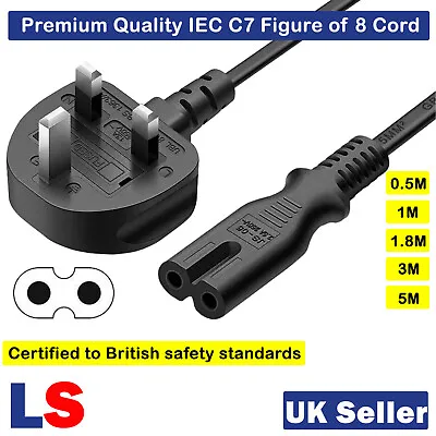 Figure 8 Fig Of 8 Lead Cable C7 To UK Plug Power Cord Mains Power Cable • £5.98