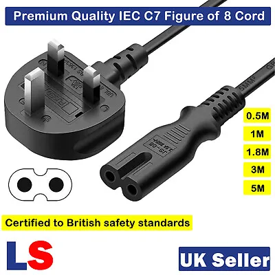 For PS5 PlayStation 5 Power Cord UK 3 Pin Plug To C7 Figure 8 Mains Power Cable • £2.50