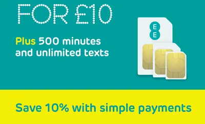 EE Sim Card Pay As You Go £10 Pack 8GB Data Unlimited SMS ONLY 20p At Checkout • £0.99
