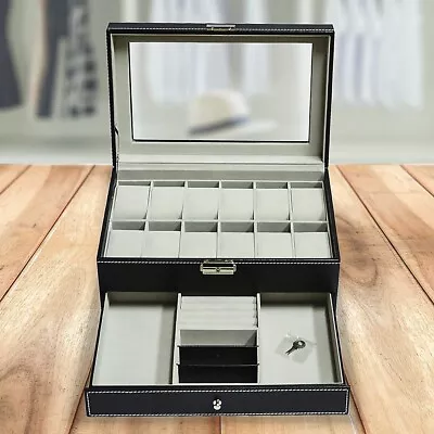 12 Grids Watch Display Case Leather Jewellery Storage Box Organiser Lock Key • $58.95