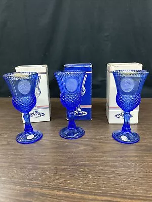 Vintage AVON Fostoria Cobalt Blue Glass Goblet George & Martha Washington Set 3 • $12