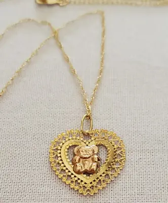 Fine Solid 14K YELLOW PINK GOLD Filigree Heart Koala Bear Pendant Necklace Charm • $95