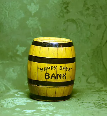 C1950's J CHEIN & CO 4  TIN LITHO BARREL BANK 'HAPPY DAYS BANK' NICE L@@K & SEE • $12.50