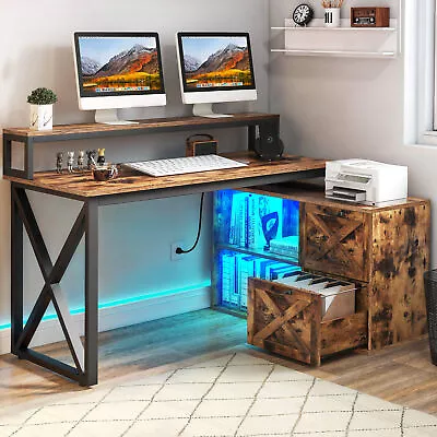 L Shaped Desk With Power Outlet & LED Light 55  Corner Computer Desk With Drawer • $179.99