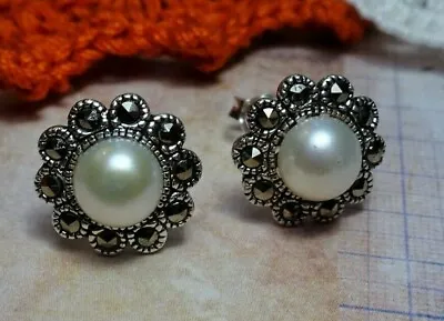 My S Collection 925 Sterling Silver Marcasite & Pearl Flower Stud Earrings • £22.90