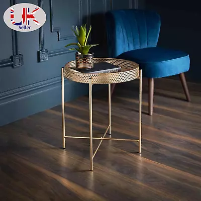 Gold Metal Side End Tray Table Round Coffee Table Removable Top Living Room • £19.90