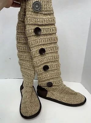 Muk Luks Tan/Brown Sweater Boots Button Detail Cable Knit Knee High US SIZE 8 • $22.49