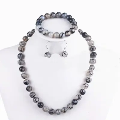 $6.99 • Buy 10mm Natural Black White Dragon Veins Agate Necklace Bracelet Earrings Set AA